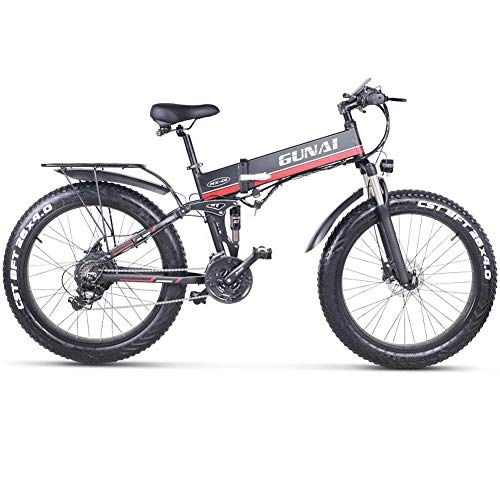 Folding Electric Mountain Bike : HEWEI Electric mountain bike 26 inch foldable fat tire e-bike with 48V 12Ah removable lithium battery with back seat