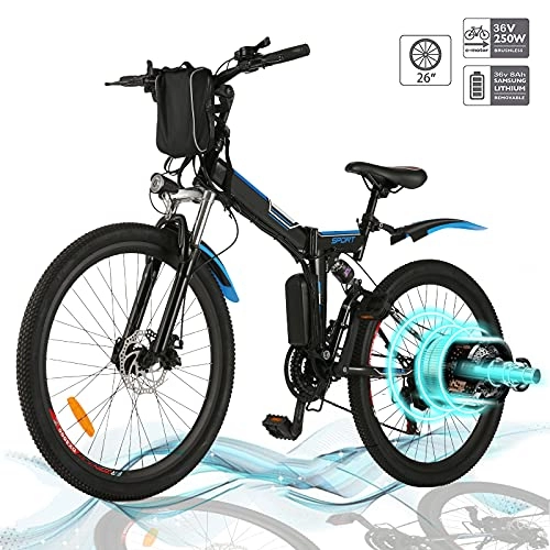 Folding Electric Mountain Bike : Hiriyt 26'' Electric Mountain Bike with Removable Large Capacity Lithium-Ion Battery (36V 250W), Electric Bike 21 Speed Gear and Three Working Modes (Black-Foldable-Spoke wheel)