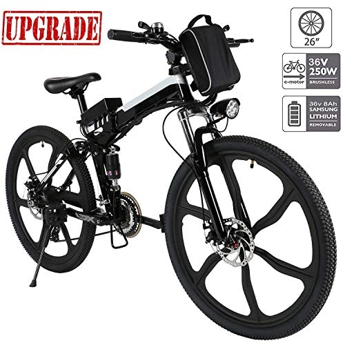 Folding Electric Mountain Bike : Hiriyt 26'' Electric Mountain Bike with Removable Large Capacity Lithium-Ion Battery (36V 250W), Electric Bike 21 Speed Gear and Three Working Modes (Upgrade_Black)
