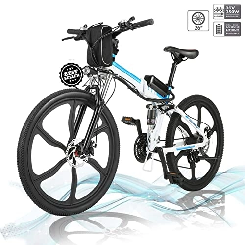 Folding Electric Mountain Bike : Hiriyt 26'' Electric Mountain Bike with Removable Large Capacity Lithium-Ion Battery (36V 250W), Electric Bike 21 Speed Gear and Three Working Modes (Upgrade_White)