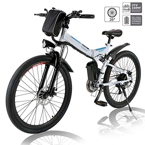 Folding Electric Mountain Bike : Hiriyt 26'' Electric Mountain Bike with Removable Large Capacity Lithium-Ion Battery (36V 250W), Electric Bike 21 Speed Gear and Three Working Modes (White)