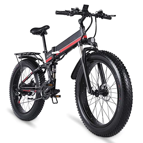 Folding Electric Mountain Bike : HMEI EBike 1000w Foldable Electric Bike 28 Mph Electric Bicycle 26 Inch Fat Tire with Lcd Display 48v Removable Lithium Battery E Bikes for Adults (Color : Red, Speeds : 21)