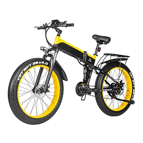 Folding Electric Mountain Bike : HMEI Electric Bike 1000W Outdoor Mountain Electric Bicycle for Men 26 Inch Snow 48V Electric Bicycle 4. 0 Folded Ebike (Color : Yellow)