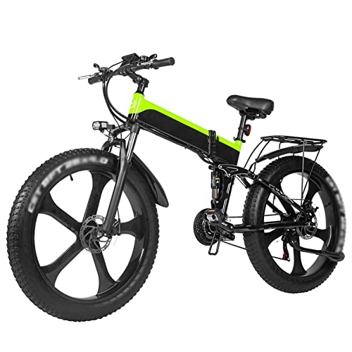 Folding Electric Mountain Bike : HMEI Electric Bike for Adults Foldable 1000W Motor 26×4. 0 Fat Tire, Electric Bicycles Mountain Bike 48V Snow Electric Bicycle (Color : Green, Size : 48v 17Ah battery)