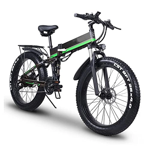 Folding Electric Mountain Bike : HMEI Electric Bikes for Adults Waterproof Mountain Electric Bike 1000W Foldable Snow E Bike 26 Inch Tires, 20MPH Adults Ebike with Removable 12.8Ah Battery (Color : Green)