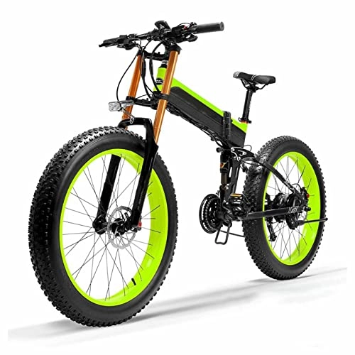 Folding Electric Mountain Bike : HMEI Snow Electric Bike for Adults 1000W 48V 26 Inch Fat Tire foldable Electric Sand Bicycle, 5 Level Pedal Assist Sensor Ebike (Color : Green, Size : 1000W 10.4Ah)