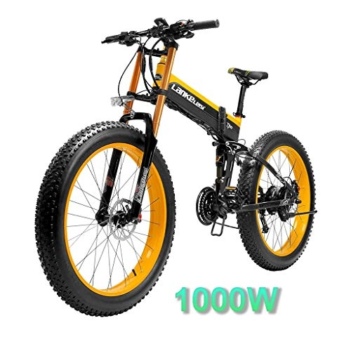Folding Electric Mountain Bike : HOME-MJJ 1000W 26 Inch Fat Tire Electric Bicycle Mountain Beach Snow Bike For Adults EBike With Removable 48V14.5A Lithium Battery (Color : Yellow, Size : 1000W)