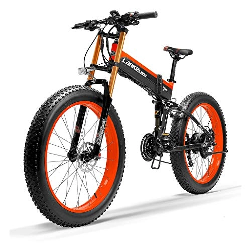 Folding Electric Mountain Bike : HOME-MJJ 1000W Fat Electric Bike 48V 14.5Ah Mens Mountain E-bike 27 Speeds 26 inch Road Bicycle Snow Bike Pedals with Hydraulic Disc Brakes (Color : Red, Size : 1000W)