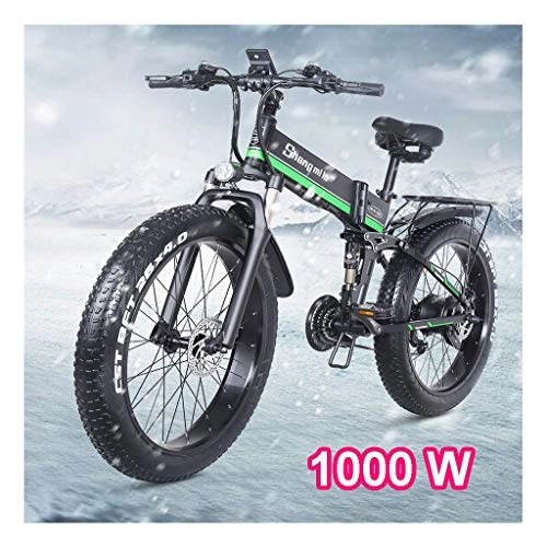 Folding Electric Mountain Bike : HOME-MJJ 48V 1000W Electric Bike 12.8AH 26x4.0 Inch Fat Tire 21speed Electric Bikes Foldable For Adult Female / Male for Outdoor Cycling Work Out (Color : Green, Size : 48V-12.8Ah)