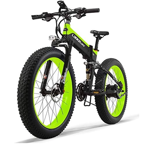 Folding Electric Mountain Bike : HOME-MJJ 48V 10AH Electric Bike 26 '' 4.0 Tire Electric Bike 500W Engine 27-speed Snow Mountain Folding Electric Bike Adult Female / male With Anti-theft Device (Color : Green)