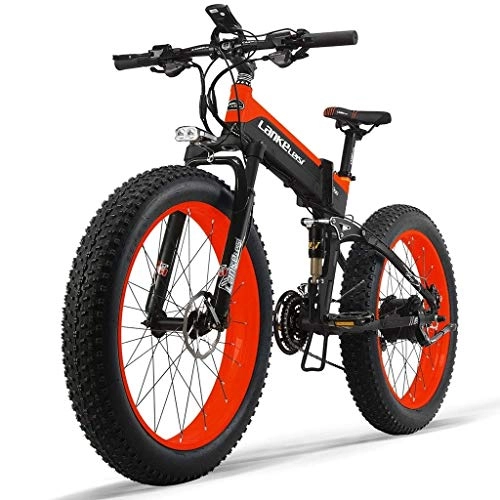 Folding Electric Mountain Bike : HOME-MJJ 48V 10AH Electric Bike 26 '' 4.0 Tire Electric Bike 500W Engine 27-speed Snow Mountain Folding Electric Bike Adult Female / male With Anti-theft Device (Color : Red)