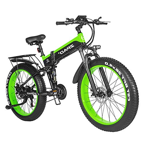 Folding Electric Mountain Bike : HOME-MJJ Folding Electric Bike 48V 12.8Ah City Bicycle Off-road Fat Tire Aluminum Alloy Frame E-Bike Removable Battery And LCD Screen (Color : Green, Size : 48v-12.8ah)