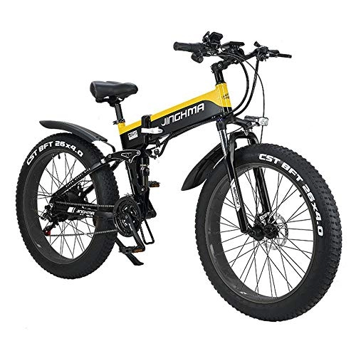 Folding Electric Mountain Bike : Homejuan 26'' Folding Electric Mountain Bikes Aluminum Alloy Fat Tire E-bikes Bicycles All Terrain 500W 48V 12.8 Ah Removable Lithium-Ion Battery With 3 Riding Modes Yellow