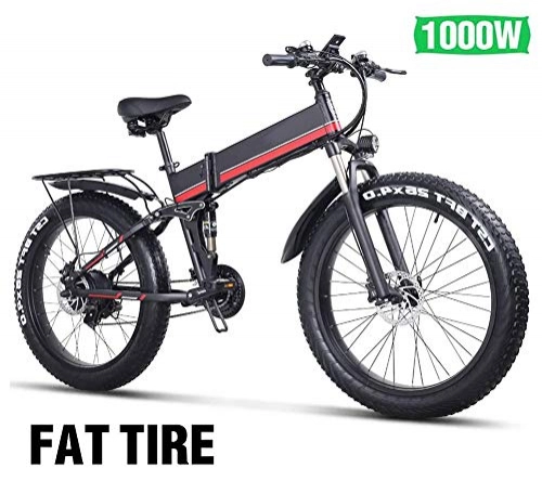 Folding Electric Mountain Bike : HSART 26 Inch Fat Tire Electric Bike 48V 1000W Motor Snow Electric Bicycle with Shimano 27 Speed Mountain Electric Bicycle Pedal Assist Lithium Battery Hydraulic Disc Brake+Oil Brake, Red