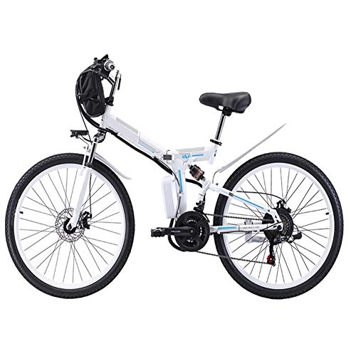 Folding Electric Mountain Bike : HSTD Electric Bike Electric Mountain Bike - Portable Folding Bicycle, 26'' Nylon Pneumatic Tyres, 48V 8Ah Rechargeable Lithium Battery, Three Working Modes, Electric Bike for Adults White