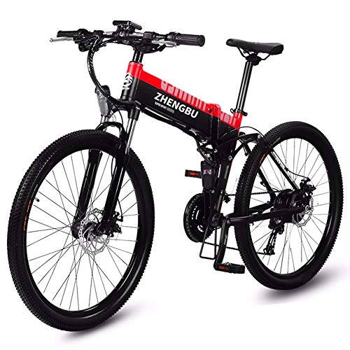 Folding Electric Mountain Bike : HSTD Electric Folding Bike - 26'' Electric Mountain Bike, Dual Disc Brakes Electric Bicycle, 48V 10Ah Rechargeable Lithium Battery, Three Working Modes, Commute Ebike Red-Spoke wheel