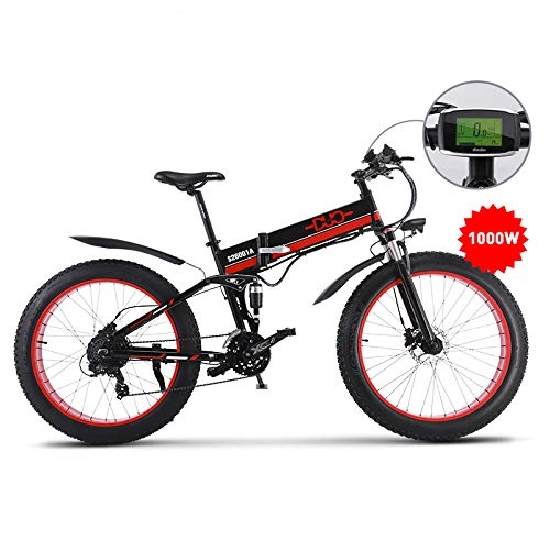 Folding Electric Mountain Bike : HUAEAST 1000W Electric Mountain Bike, 26 Inch Fat Tire Folding Bike Snow Bike with Removable Battery