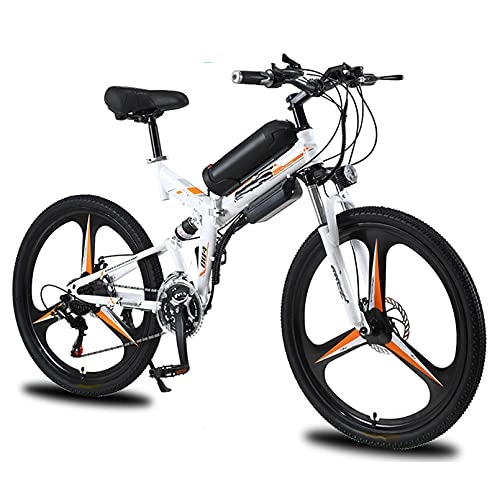 Folding Electric Mountain Bike : HULLSI Folding Electric Bike for Adults, 26'' Electric Mountain Bicycle, 350W E-Bike with Magnesium Alloy Integrated Wheel, 21 Speed Gears, Adult Double Shock Absorption, White, 10AH