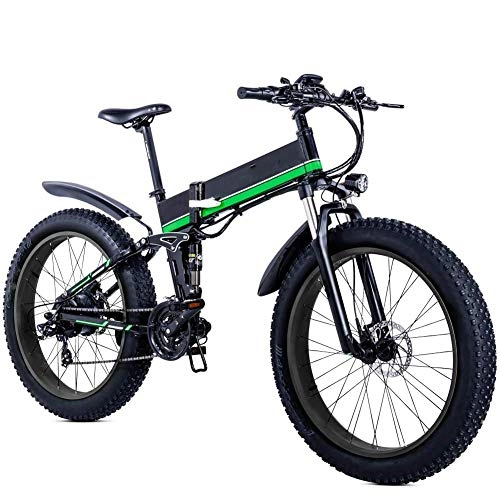 Folding Electric Mountain Bike : HWOEK Folding Mountain Electric Bicycle, 26 inch Adults Travel Electric Bicycle 4.0 Fat Tire 21 Speed Removable Lithium Battery with Rear Seat 1000W Brushless Motor, black green