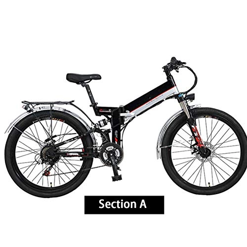 Folding Electric Mountain Bike : HWOEK Folding Mountain Electric Bicycle, 300W Motor 26'' Adult Ebike Removable 48V10AH Lithium-Ion Battery 21 Speed Dual Disc Brakes with Rear Seat, Black, A