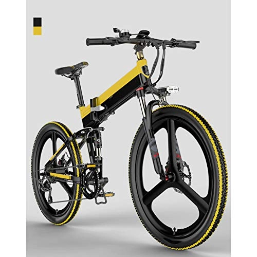 Folding Electric Mountain Bike : HWOEK Folding Mountain Electric Bike, 7 Speed 400W Motor 26 Inches Adults City Travel Ebike Dual Disc Brakes with Rear Seat 48V Removable Battery, Yellow