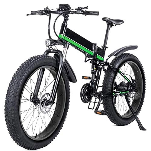 Folding Electric Mountain Bike : HY-WWK Adults Mountain Electric Bicycle, 26 inch Folding Travel Electric Bicycle 4.0 Fat Tire 21 Speed Removable Lithium Battery with Rear Seat 1000W Brushless Motor, Black Green, Black Red