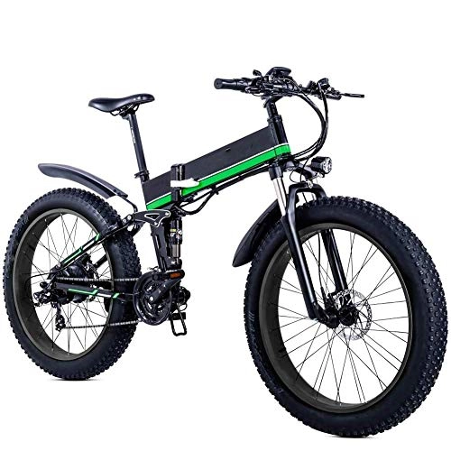 Folding Electric Mountain Bike : HY-WWK Folding Mountain Electric Bicycle, 26 inch Adults Travel Electric Bicycle 4.0 Fat Tire 21 Speed Removable Lithium Battery with Rear Seat 1000W Brushless Motor, Black Red, Black Green