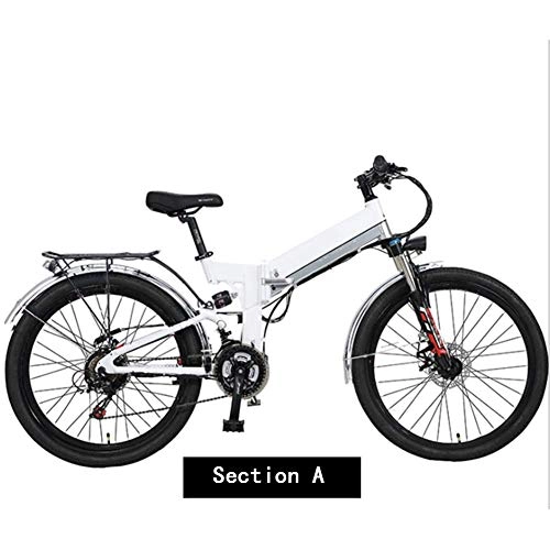Folding Electric Mountain Bike : HY-WWK Folding Mountain Electric Bicycle, 300W Motor 26'' Adult Ebike Removable 48V10Ah Lithium-Ion Battery 21 Speed Dual Disc Brakes with Rear Seat, White, A, White
