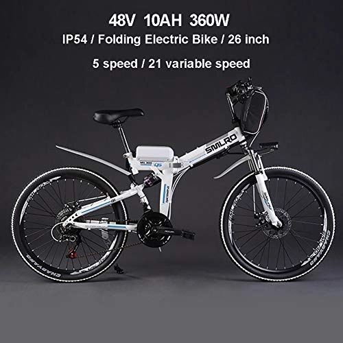 Folding Electric Mountain Bike : Hyuhome Ebikes for Adults, Folding Electric Bike MTB Dirtbike, 26" 48V 10Ah 350W IP54 Waterproof Design, Easy Storage Foldable Electric Bycicles for Men, White