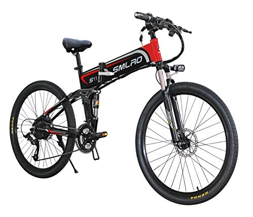 Folding Electric Mountain Bike : HYwot SMLRO Electric Mountain Bike Full Suspension Foldable Off-road Moped 26" Lithium Battery, Suitable for Outdoor City, Land, Mountain, Red