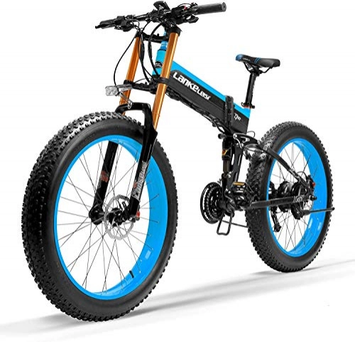 Folding Electric Mountain Bike : IMBM T750Plus 27 Speed 1000W Folding Electric Bike 26 * 4.0 Fat Bike 5 PAS Hydraulic Disc Brake 48V 10Ah Removable Lithium Battery Charging(Black Blue Upgraded, 1000W)