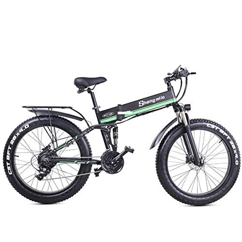 Folding Electric Mountain Bike : JARONOON MX01 1000W Strong Electric Snow Bike, 5-grade Pedal Assist Sensor, 21 Speed Fat Bike, 48V Extra Large Battery E Bike (Green, 1000W 12.8Ah)