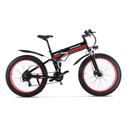 Folding Electric Mountain Bike : JARONOON MX01 1000W Strong Electric Snow Bike, 5-grade Pedal Assist Sensor, 21 Speed Fat Bike, 48V Extra Large Battery E Bike (Red, 1000W 14.5Ah + 1 Spare Battery)
