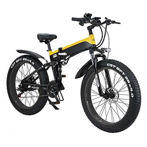 Folding Electric Mountain Bike : JIEER Adult Folding Electric Bikes, Hybrid Recumbent / Road Bikes, with Aluminum Alloy Frame, LCD Screen, Three Riding Mode, 7 Speed 26 Inch City Mountain Bicycle Booster-Yellow