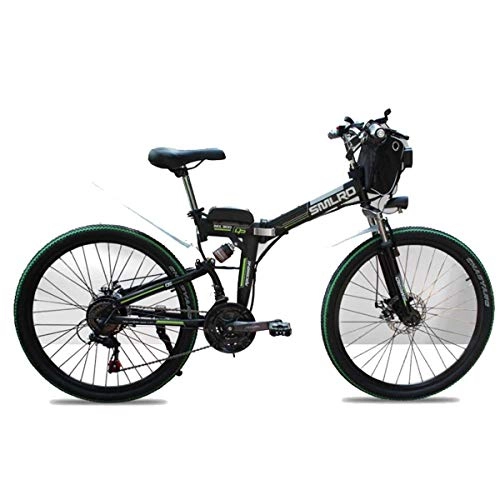 Folding Electric Mountain Bike : Jieer Mountain Bike, 48V Electric Mountain Bike, 26 Inch Folding E-bike with 4.0" Fat Tyres Spoke Wheels, Premium Full Suspension, Black