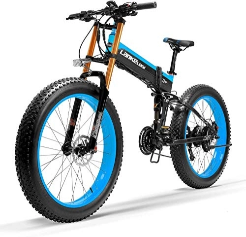 Folding Electric Mountain Bike : JINHH 27 Speed 1000W Folding Electric Bike 26 * 4.0 Fat Bike 5 PAS Hydraulic Disc Brake 48V 10Ah Removable Lithium Battery Charging(Blue Upgraded, 1000W + 1 Spare B