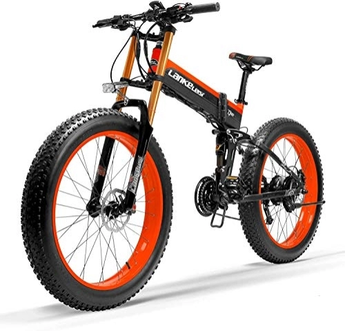 Folding Electric Mountain Bike : JINHH 27 Speed 1000W Folding Electric Bike 26 * 4.0 Fat Bike 5 PAS Hydraulic Disc Brake 48V 10Ah Removable Lithium Battery Charging(Red Upgraded, 1000W + 1 Spare Ba