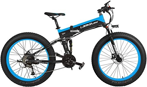 Folding Electric Mountain Bike : JINHH 27 Speed 500W Folding Electric Bicycle 26 * 4.0 Fat Bike 5 PAS Hydraulic Disc Brake 48V 10Ah Removable Lithium Battery Charging (Blue Standard, 500W + 1 Spare