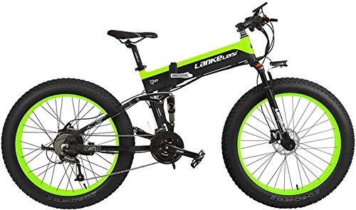 Folding Electric Mountain Bike : JINHH 27 Speed 500W Folding Electric Bicycle 26 * 4.0 Fat Bike 5 PAS Hydraulic Disc Brake 48V 10Ah Removable Lithium Battery Charging (Green Standard, 500W + 1 Spar