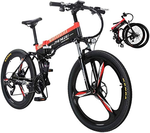 Folding Electric Mountain Bike : JXH 26" Electric Mountain Bike Foldable Adult Double Disc Brake And Full Suspension Mountainbike Bicycle Adjustable Seat Aluminum Alloy Frame Smart LCD Meter 27 Speed(48V10ah 400W), Black