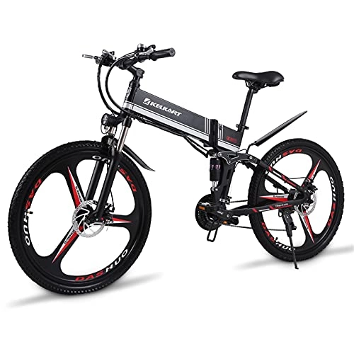 Folding Electric Mountain Bike : KELKART Electric Mountain Bike 26" 350W Brushless Electric Folding Electric Bike with 48V 10.4AH Removable Lithium Ion Battery, with Rear Hanger and Pump(Black)