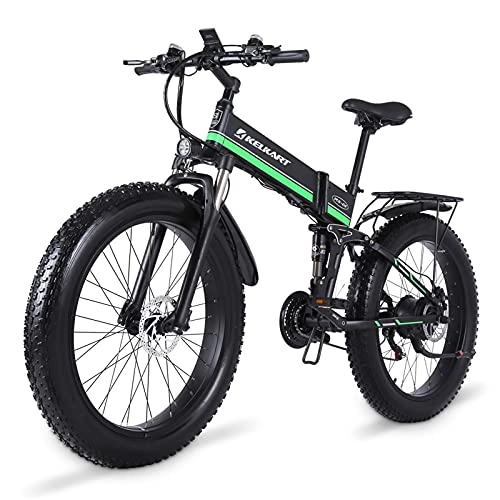 Folding Electric Mountain Bike : KELKART Electric Mountain Bike 26-Inch Folding Fat Tire Electric Bike with 1000W Brushless Motor, with 48V 12.8AH Removable Lithium-ion Battery and Rear Seat (Green)