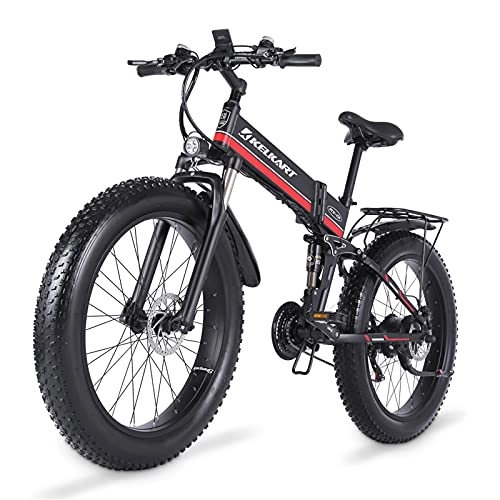 Folding Electric Mountain Bike : KELKART Electric Mountain Bike 26-Inch Folding Fat Tire Electric Bike with 1000W Brushless Motor, with 48V 12.8AH Removable Lithium-ion Battery and Rear Seat (Red)