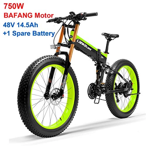Folding Electric Mountain Bike : KER Fat tire Electric Bicycle 26inch Electric Bike, 48V / 14.5AH Motor Snow Bike, 21 Speed / 750W Lithium Battery, Optimized Operating System Green