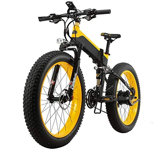 Folding Electric Mountain Bike : KT Mall Electric Bicycle Electric Mountain Bike with Suspension Fork Powerful Motor Long-lasting Lithium Battery and Wide Range Fat Bike 13ah Power Electric Bicycle Led Bike Light Gear, Yellow