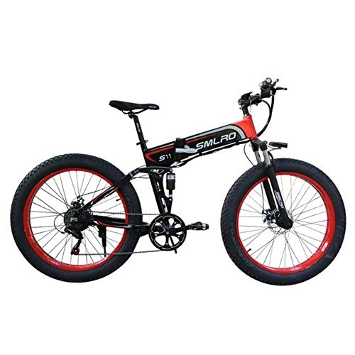 Folding Electric Mountain Bike : KT Mall Electric Bicycle Folding Mountain Power-Assisted Snowmobile Suitable for Outdoor Sports 48V350W Lithium Battery, Red, 48V10AH