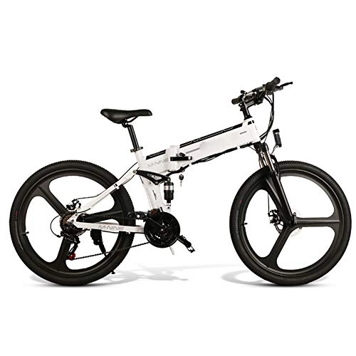 Folding Electric Mountain Bike : KT Mall Electric Bicycle Lithium Battery Folding Power Supply Cross-Country Mountain Bike Lightweight Smart Commuter Fitness 48V, White