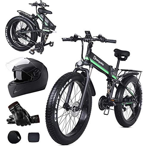 Folding Electric Mountain Bike : L-LIPENG 26inch fat Tire Folding Electric Mountain Bike, 1000w Motor Aluminum Frame, 48v 12.8ah Removable Lithium Battery, 21 Speed Shock-Absorbing Mountain Bicycle, Beach Snow Bicycle, Green
