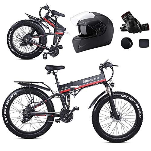 Folding Electric Mountain Bike : L-LIPENG 26inch fat Tire Folding Electric Mountain Bike, 1000w Motor Aluminum Frame, 48v 12.8ah Removable Lithium Battery, 21 Speed Shock-Absorbing Mountain Bicycle, Beach Snow Bicycle, Red