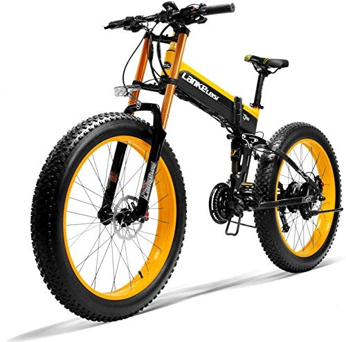 Folding Electric Mountain Bike : LANKELEISI 750PLUS 48v 14.5ah 1000W full-featured electric bicycle 26" 4.0 large tires MTB electric bicycle foldable adult female / male anti-theft device upgrade large fork (shipped in Poland) (yellow)